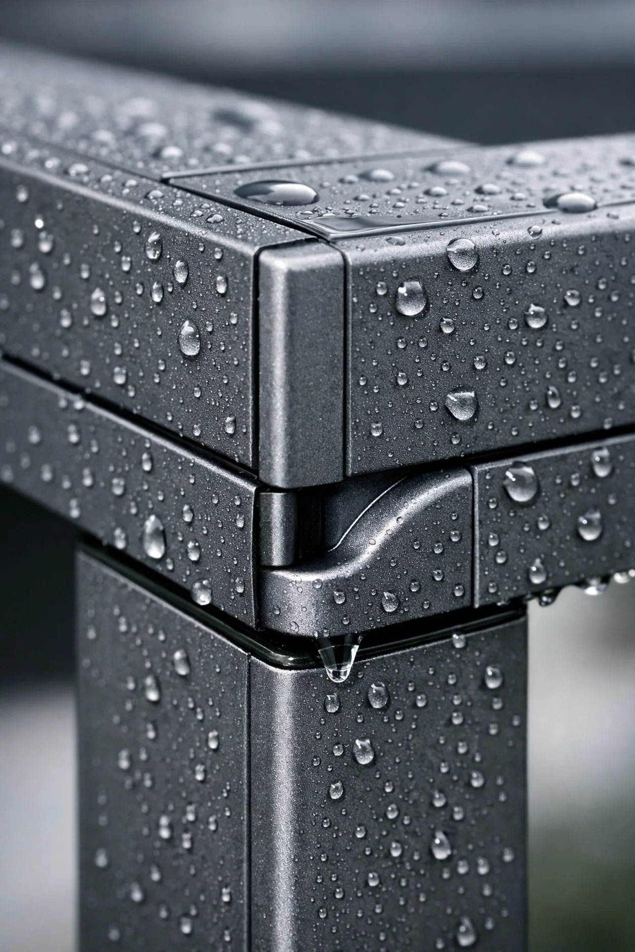 Detail einer Pergola mit integriertem Wasserablaufsystem für einen sauberen Regenabfluss.