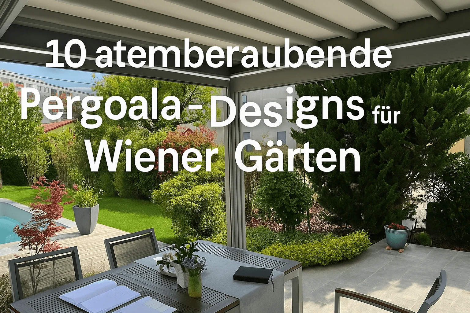 Moderne Pergola mit Blick auf einen gepflegten Garten und Pool, ideal für stilvolle Wiener Gärten.