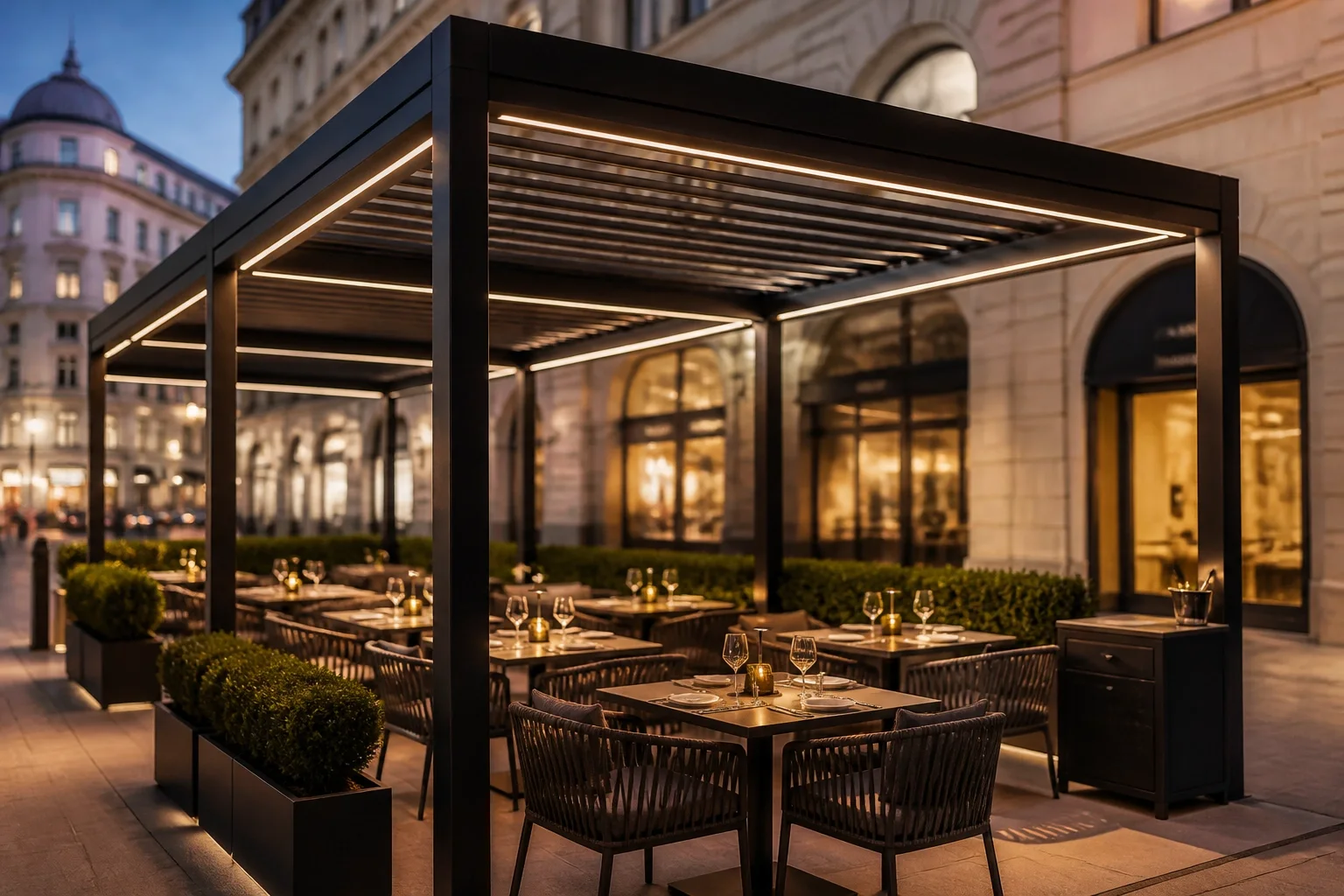 Modulares Pergola-System für die Gastronomie in Wien mit stimmungsvoller LED-Beleuchtung.