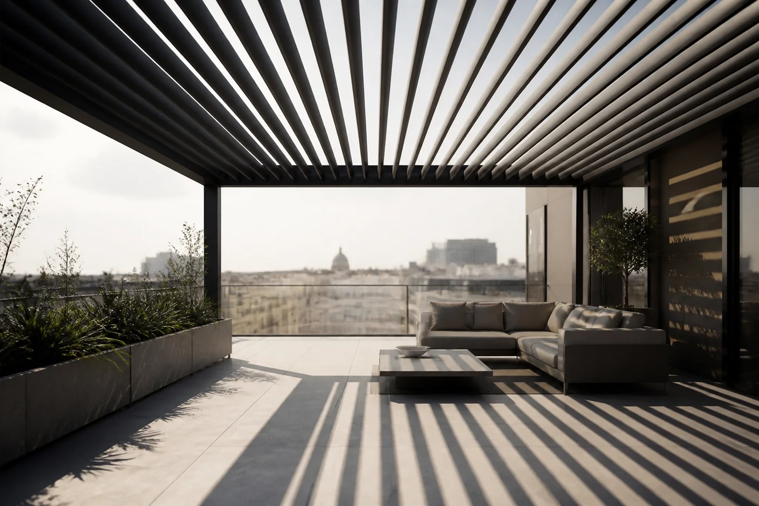 Anthrazitfarbenes Lamellendach auf einer Wiener Penthouse-Terrasse mit elegantem Lichtspiel.