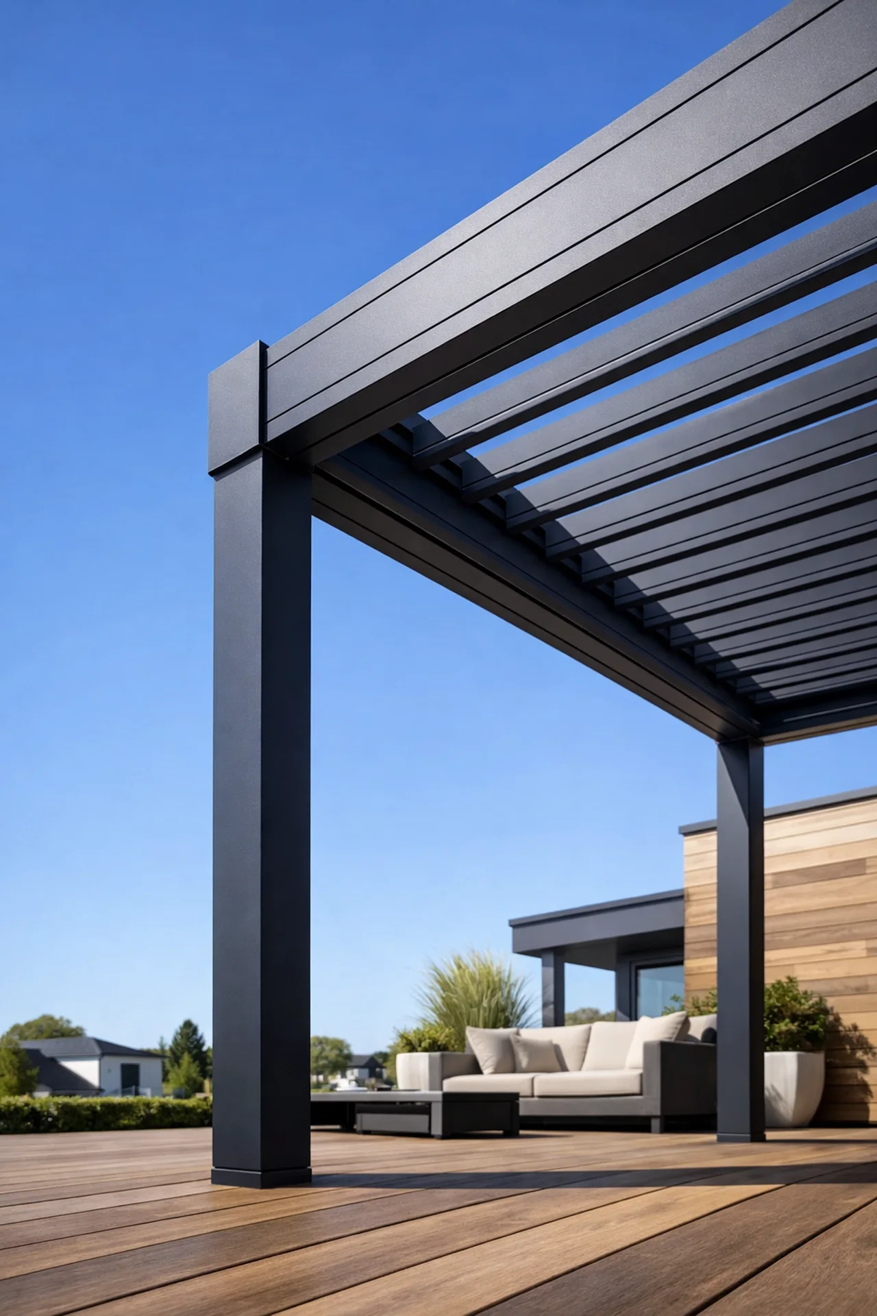 Stabile Pergola nach Maß in Anthrazit auf einer modernen Holzterrasse.