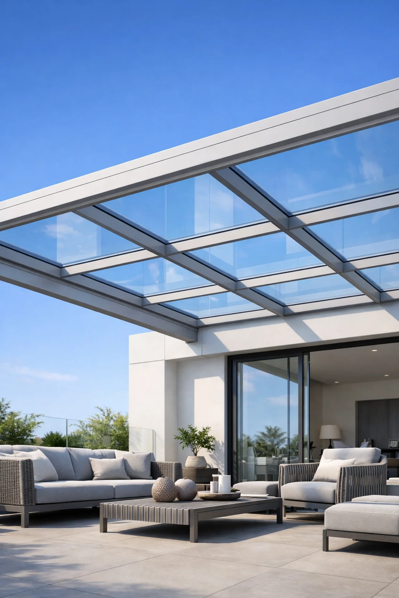 Elegante Terrassenüberdachung aus Glas mit Aluminiumrahmen für optimalen Wetterschutz in Wien.