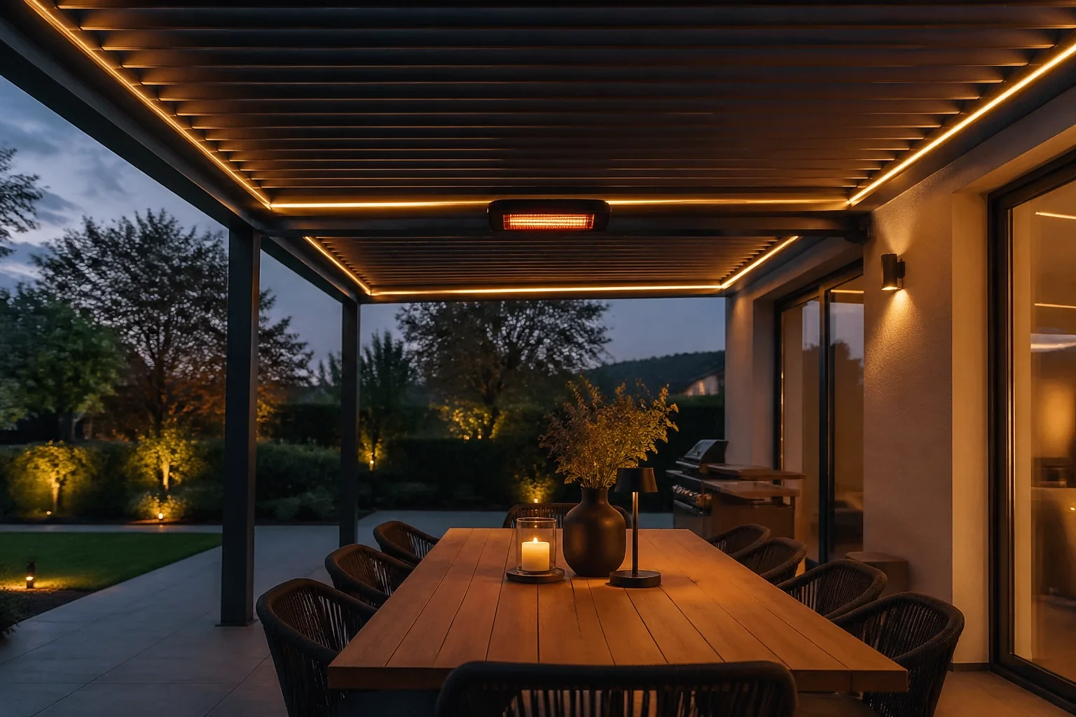 Luxuriöse Pergola in Wien mit integrierter LED-Beleuchtung und Heizstrahler.