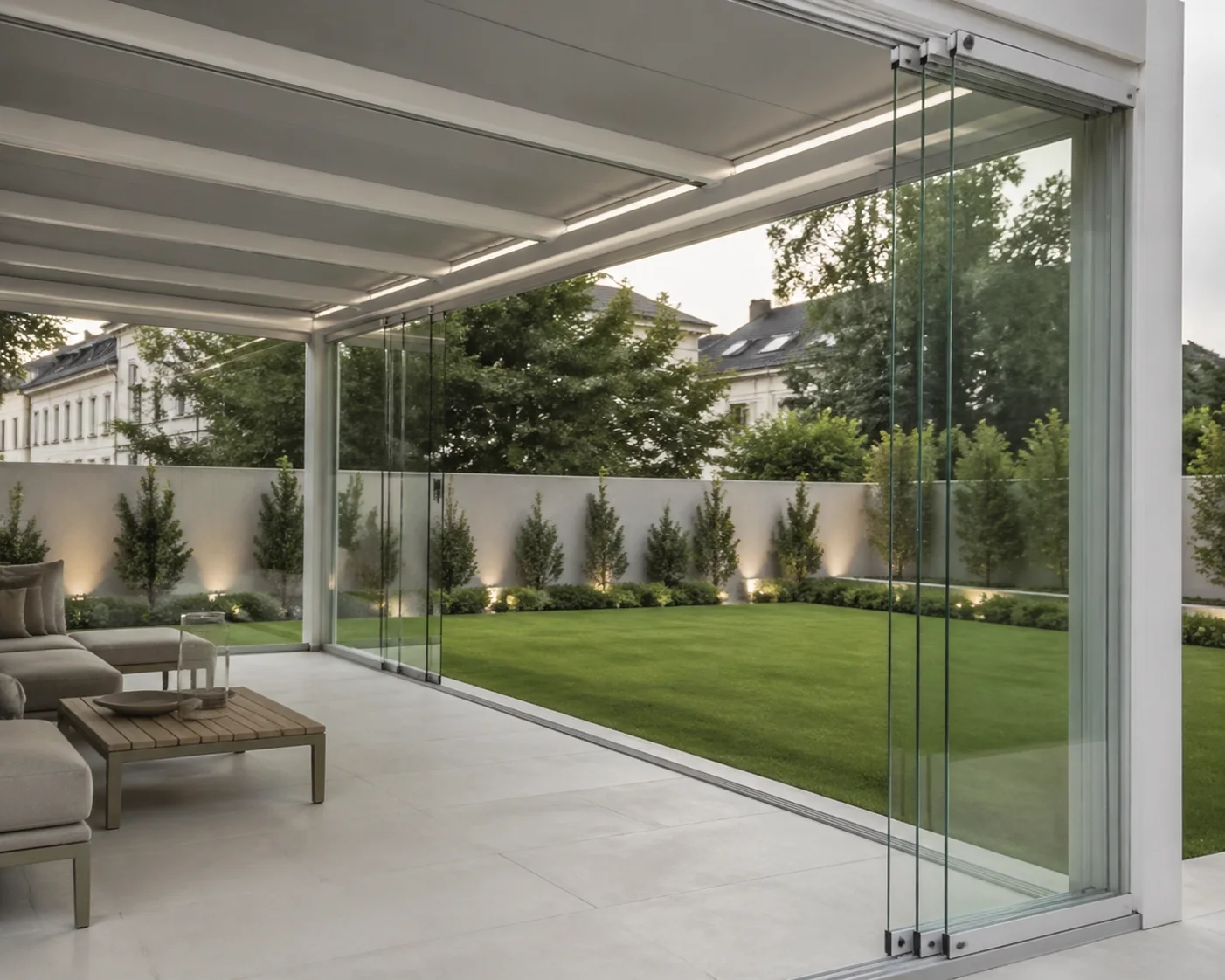 Terrassenüberdachung mit Glasschiebewänden für optimalen Windschutz und modernes Design in Wien.