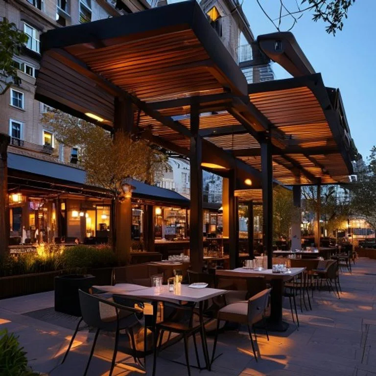Eine stilvolle Restaurantterrasse in Wien mit mehreren Lamellendach-Modulen. Integrierte LED-Beleuchtung sorgt für ein warmes Ambiente. Moderne Architektur, Stadtkulisse im Hintergrund, keine Menschen sichtbar.