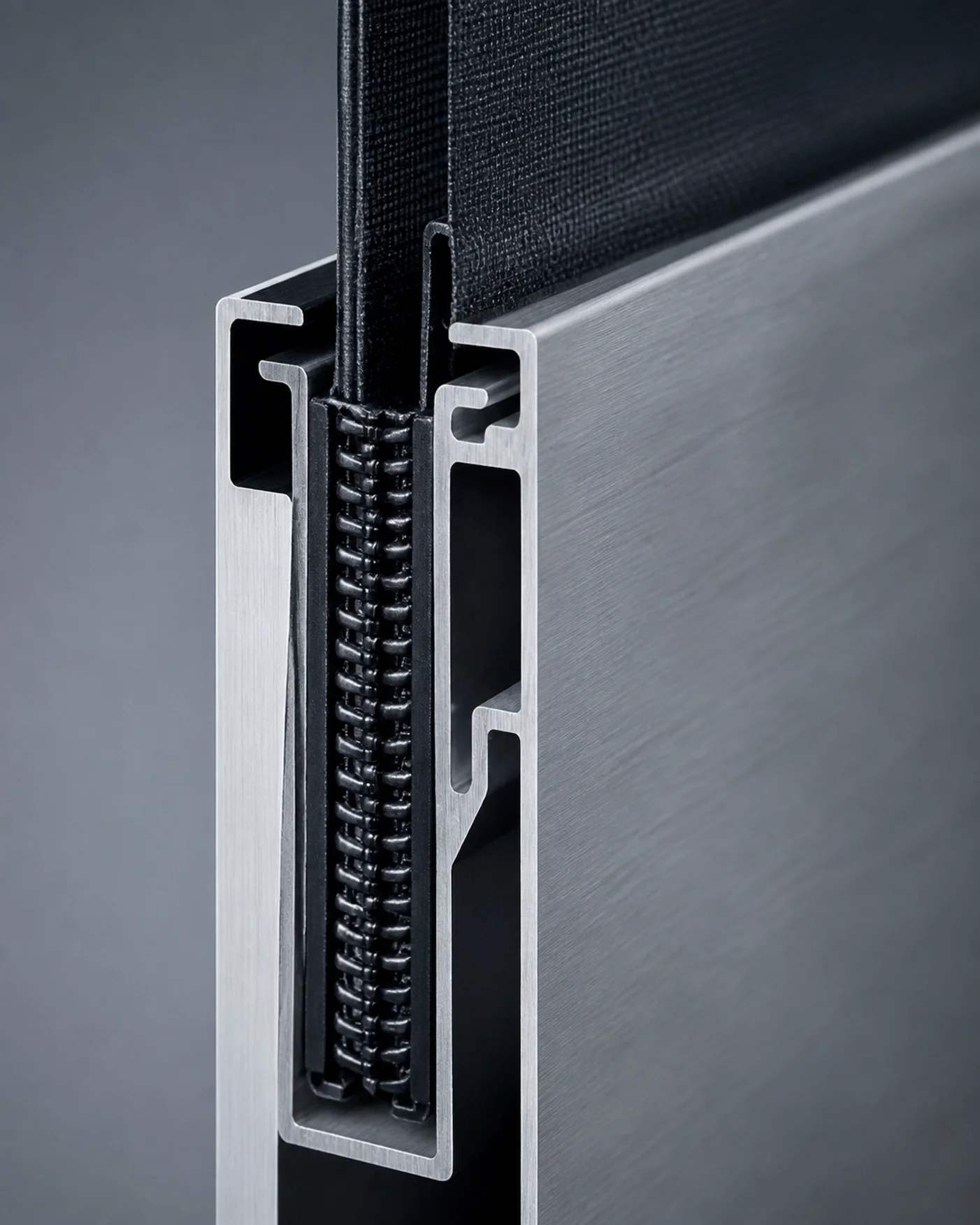 Zip-Screen Führungsschiene im Querschnitt mit Reißverschluss-System für maximale Windstabilität.