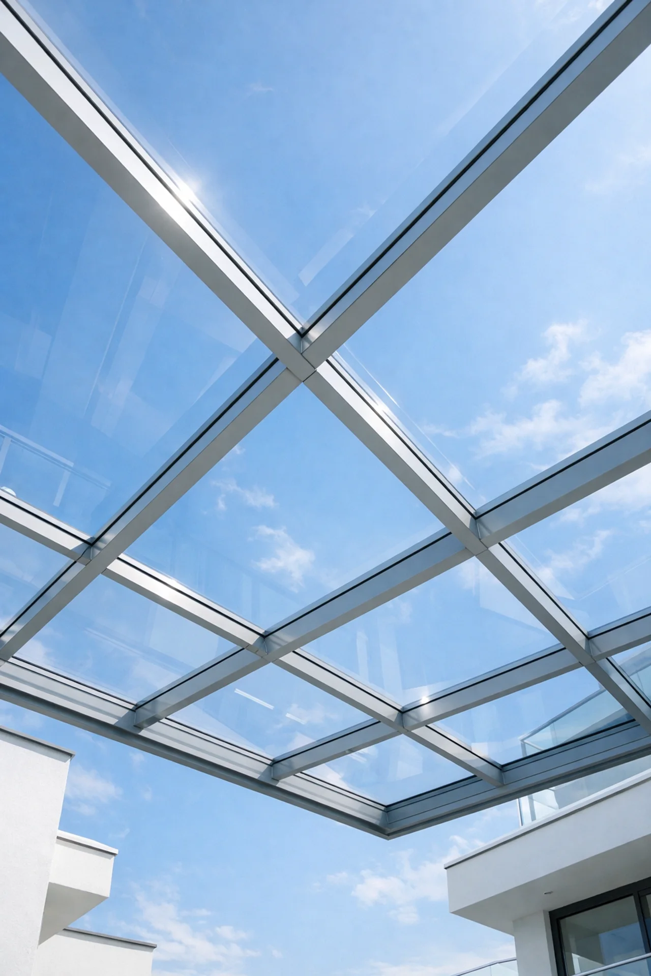 Blick durch eine Glasüberdachung mit stabilen Aluminium-Sparren in den blauen Himmel.