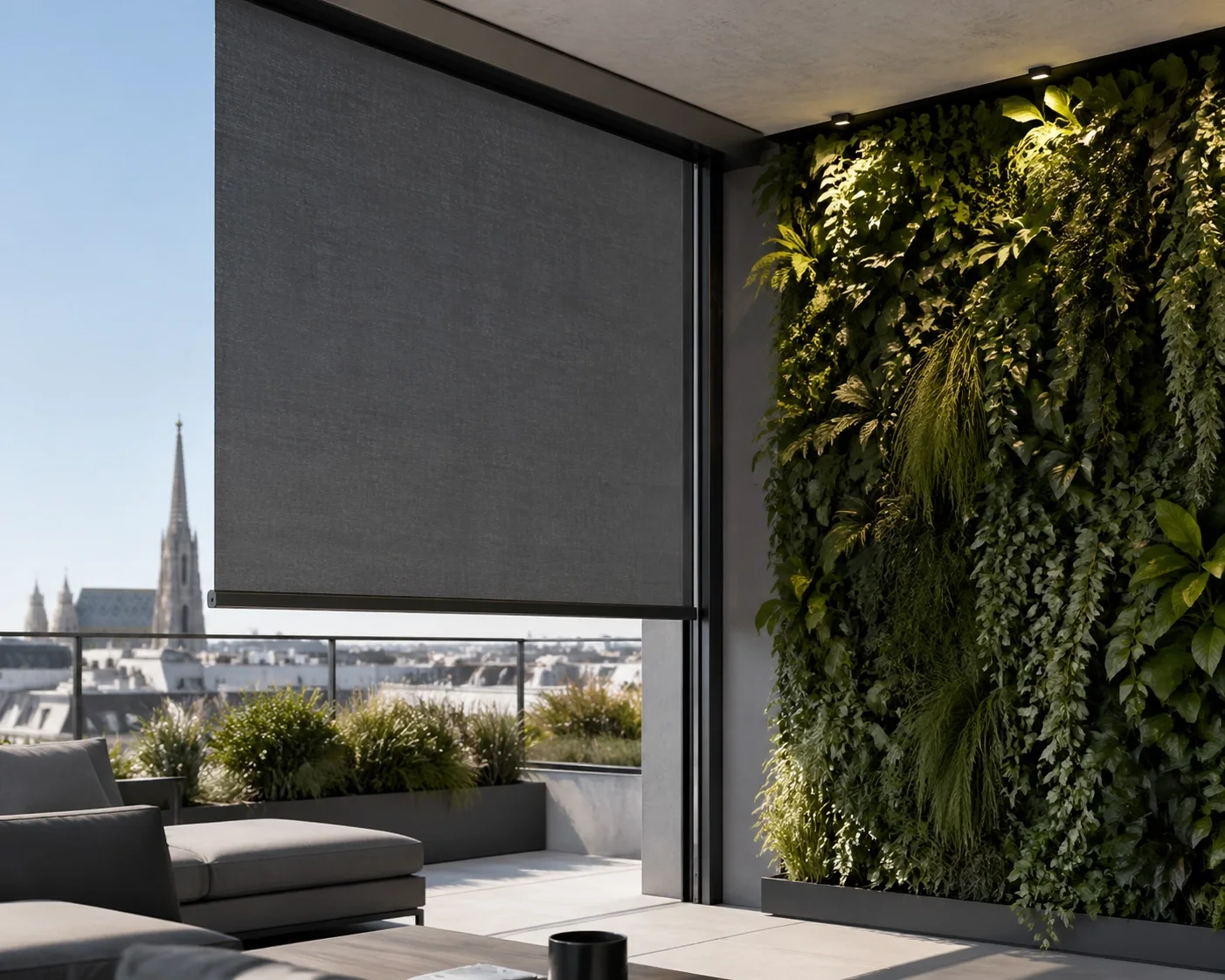 Dunkelgrauer Zip-Screen als Sichtschutz auf einer Wiener Dachterrasse neben einem vertikalen Garten.
