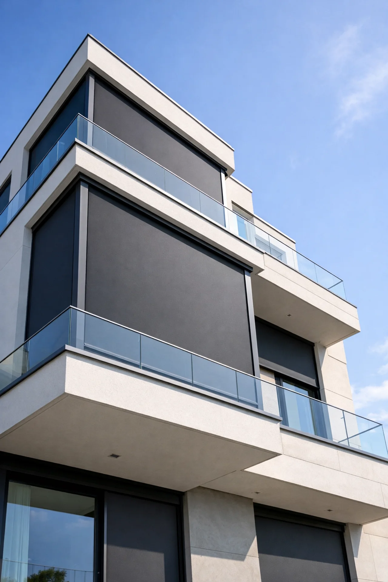 Elegante Zip Screens an einem modernen Wiener Wohnhaus für effektiven Sonnenschutz.
