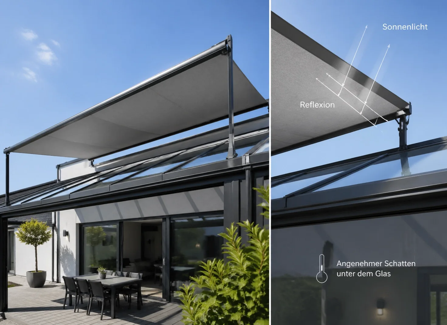 Moderne Aufglasmarkise auf einer anthrazitfarbenen Terrassenüberdachung für effektiven Hitzeschutz.