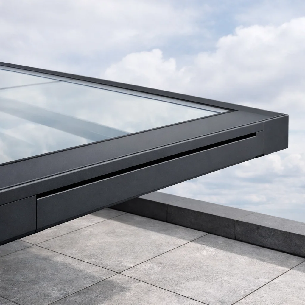 Moderne Terrassenüberdachung mit bündig integrierter Regenrinne und elegantem Dachüberstand.