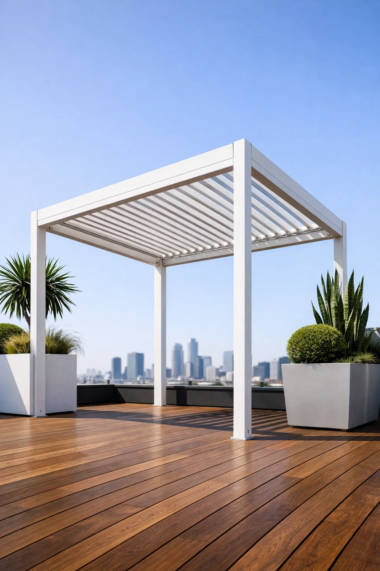 Freistehende weiße Aluminium-Pergola auf einer modernen Wiener Dachterrasse.