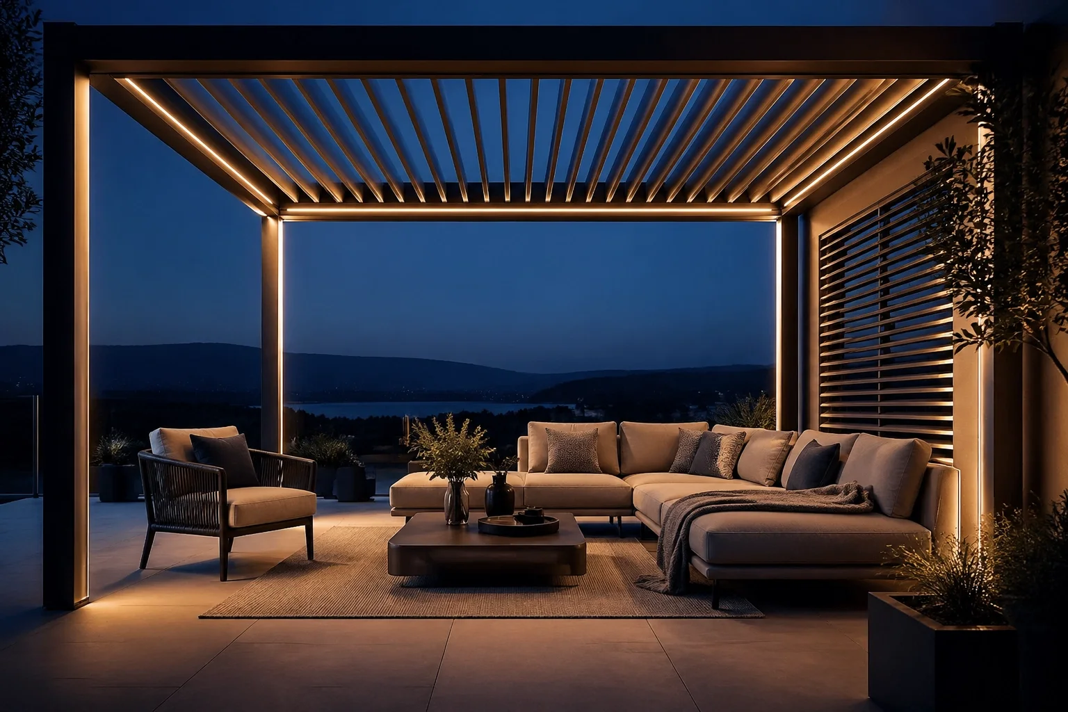 Beleuchtetes Pergola-System mit LED-Lichtleisten für ein exklusives Outdoor-Wohnzimmer in Wien.