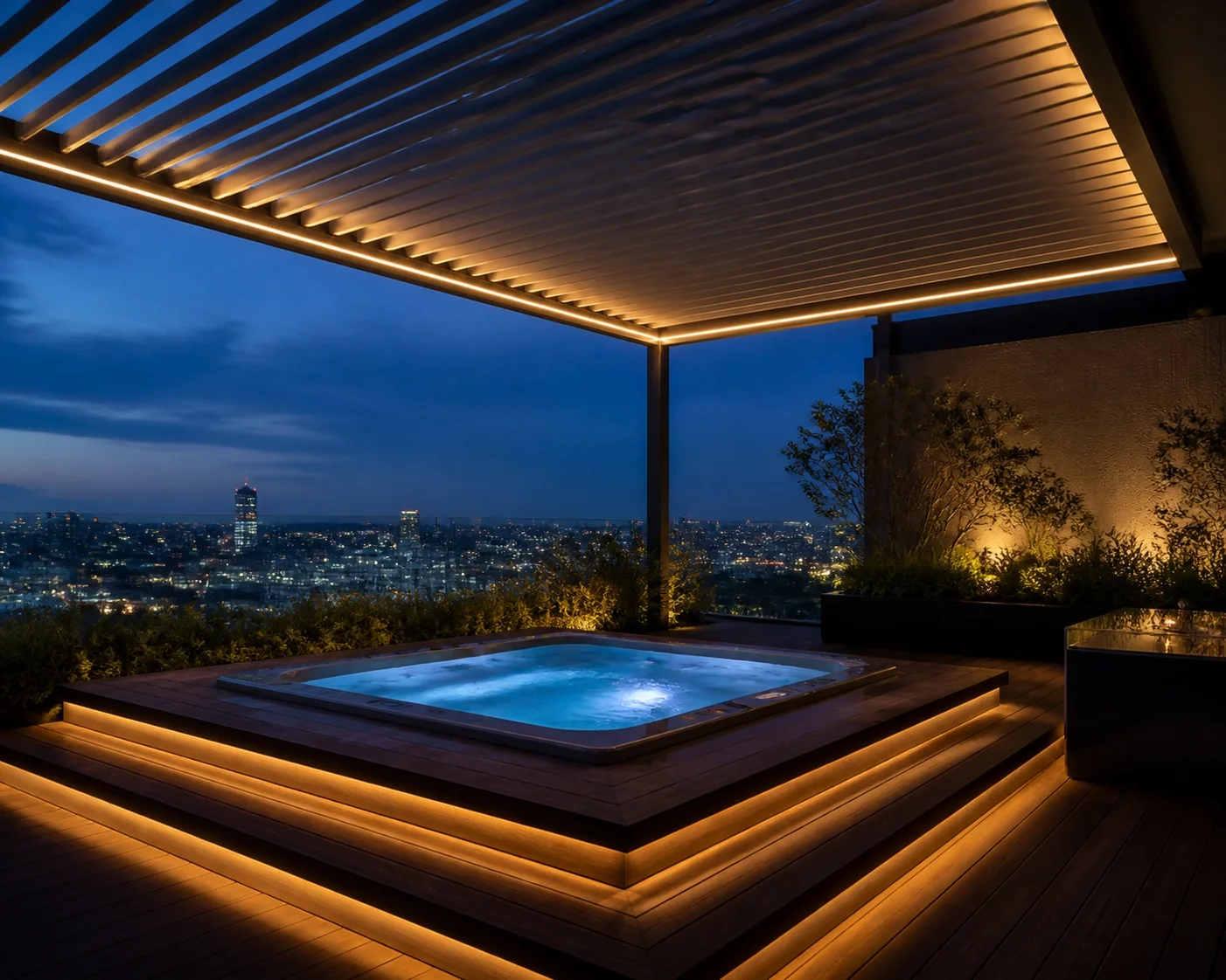 Exklusives Lamellendach in Wien mit LED-Beleuchtung über einem Spa-Bereich auf einer Dachterrasse.
