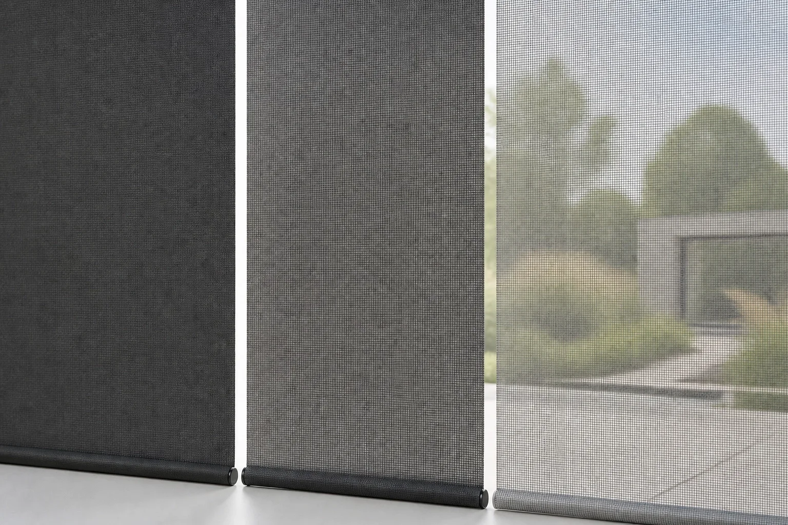 Verschiedene Zip-Screen Gewebe im Vergleich von blickdicht bis transparent für optimalen Blendschutz.