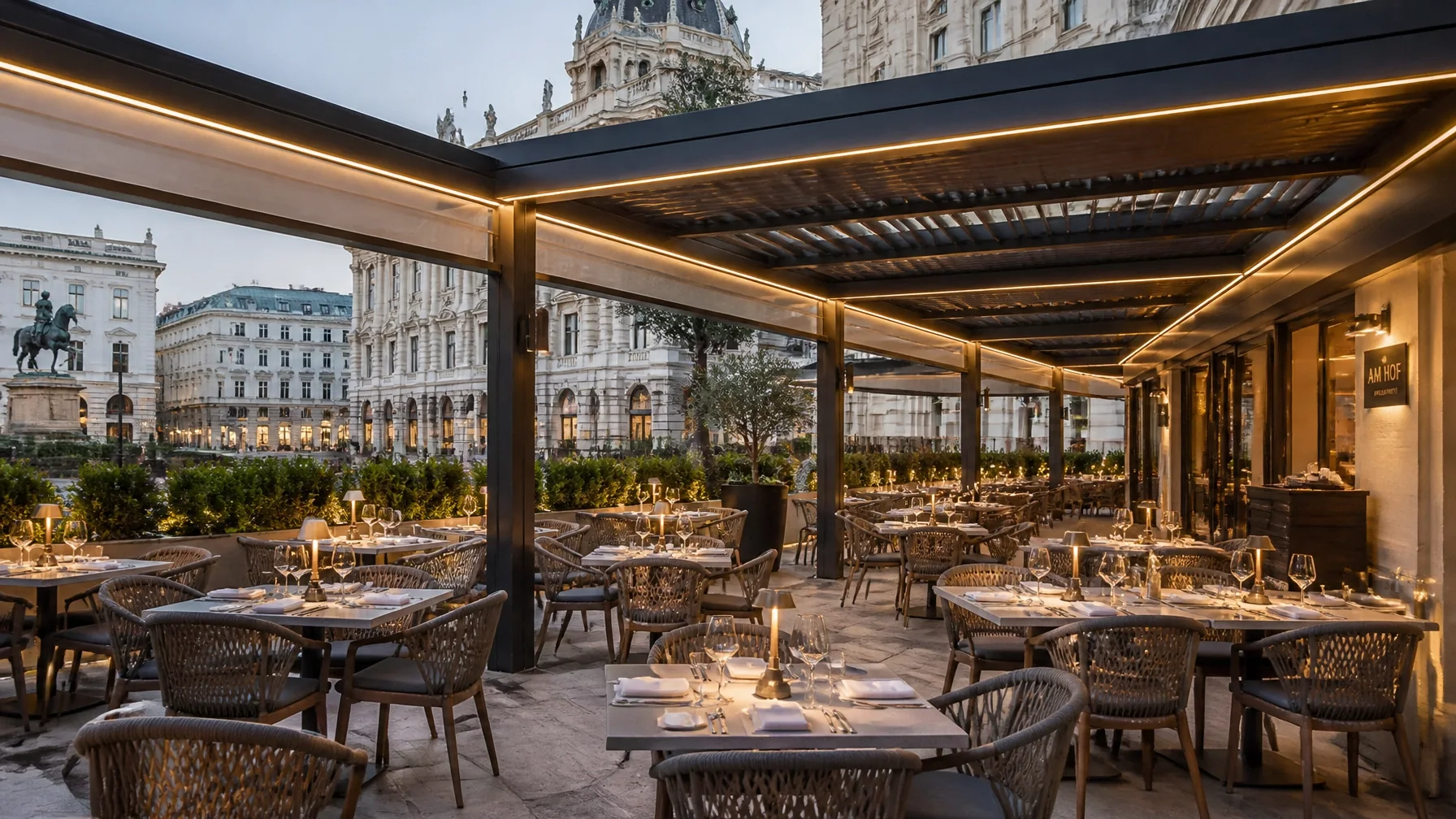Großzügige Gastronomie-Terrasse in Wien mit modernem Pergola-System