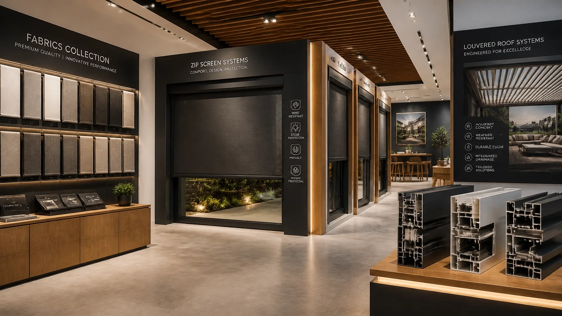 Professionelle Showroom-Atmosphäre mit verschiedenen Sonnenschutz-Modellen und technischen Details