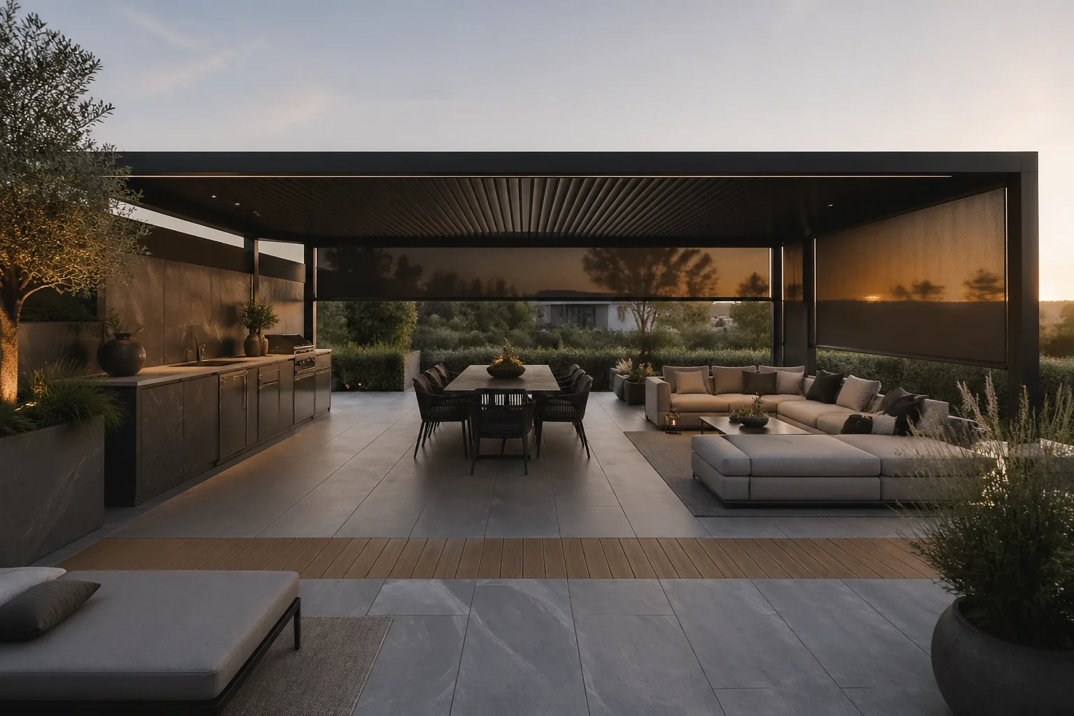 Moderne Terrassengestaltung in Wien mit Pergola-System und Outdoor-Lounge.