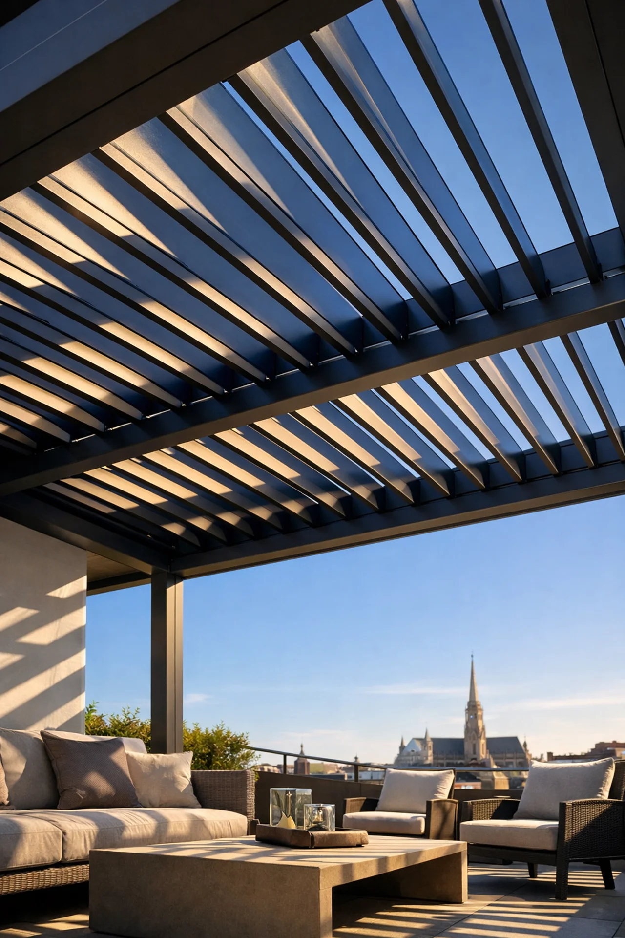 Modernes Lamellendach Wien mit verstellbaren Lamellen auf eleganter Terrasse