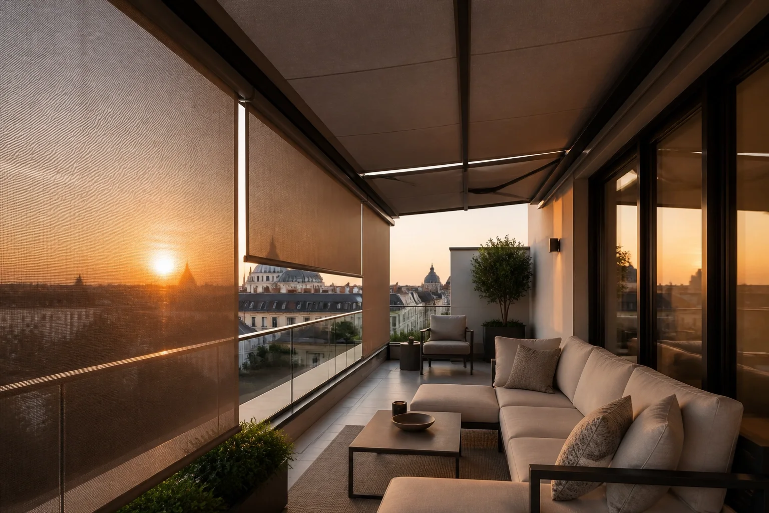 Exklusive Wiener Terrasse mit Kassettenmarkise und windfestem Zip Screen Wien als Sonnenschutz-Kombination.