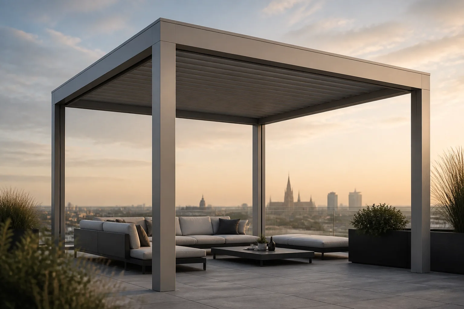 Freistehende Pergola auf einer Wiener Dachterrasse mit Blick auf die Skyline und stabilem Wetterschutz.