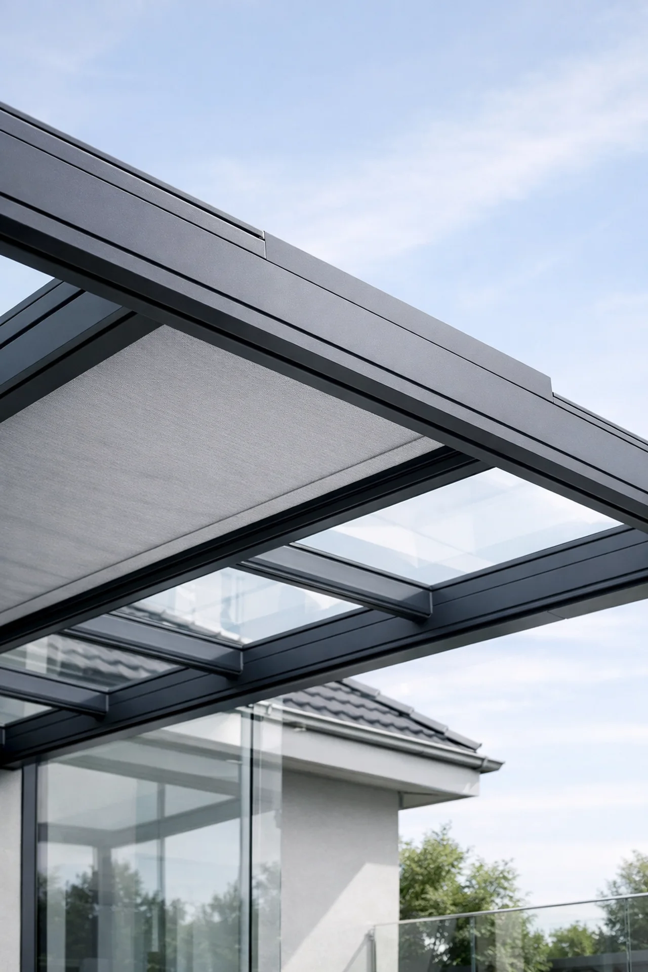 Moderne Aufglasmarkise montiert auf einer Terrassenüberdachung aus Aluminium mit Glasdach.