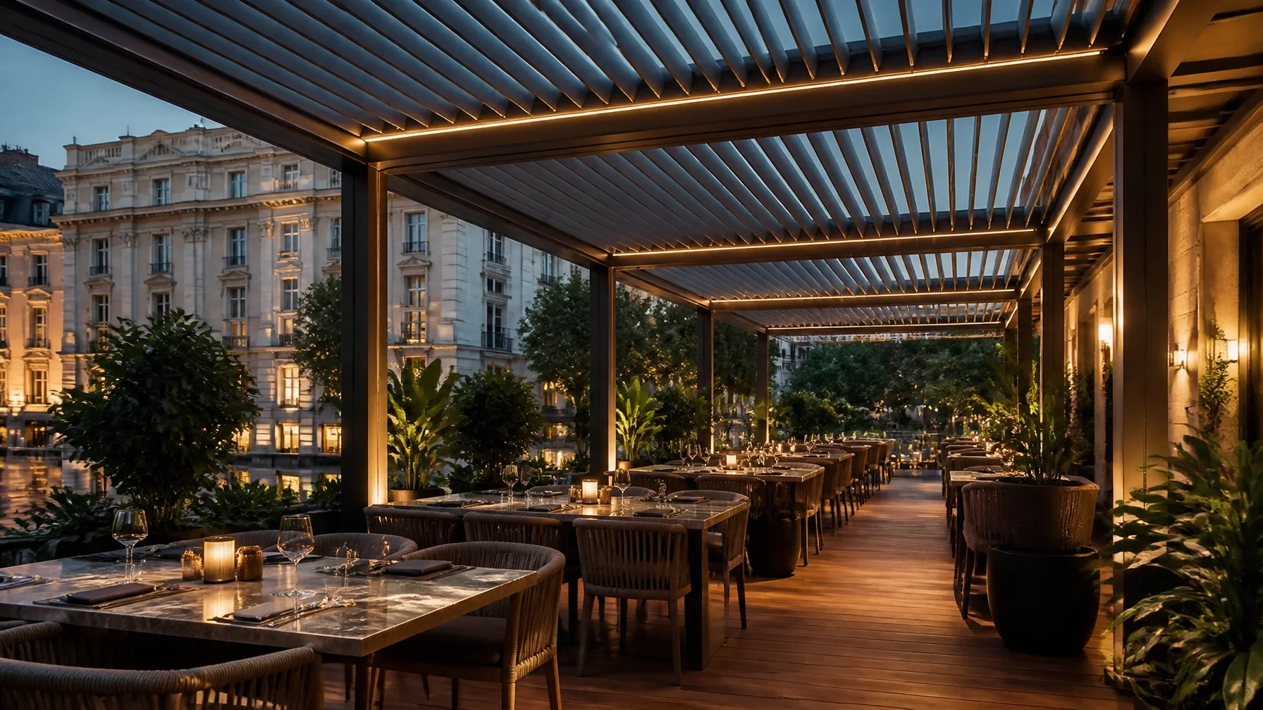 Moderne Gastronomie-Terrasse in Wien mit modularem Überdachungssystem
