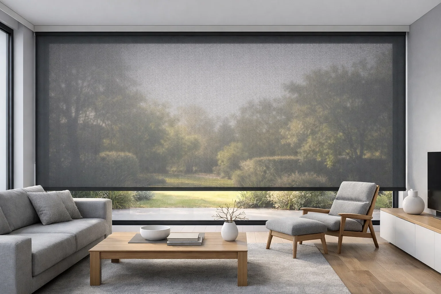 Transparenter Zip Screen Wien im Wohnzimmer für Sichtschutz ohne Panoramaverlust.