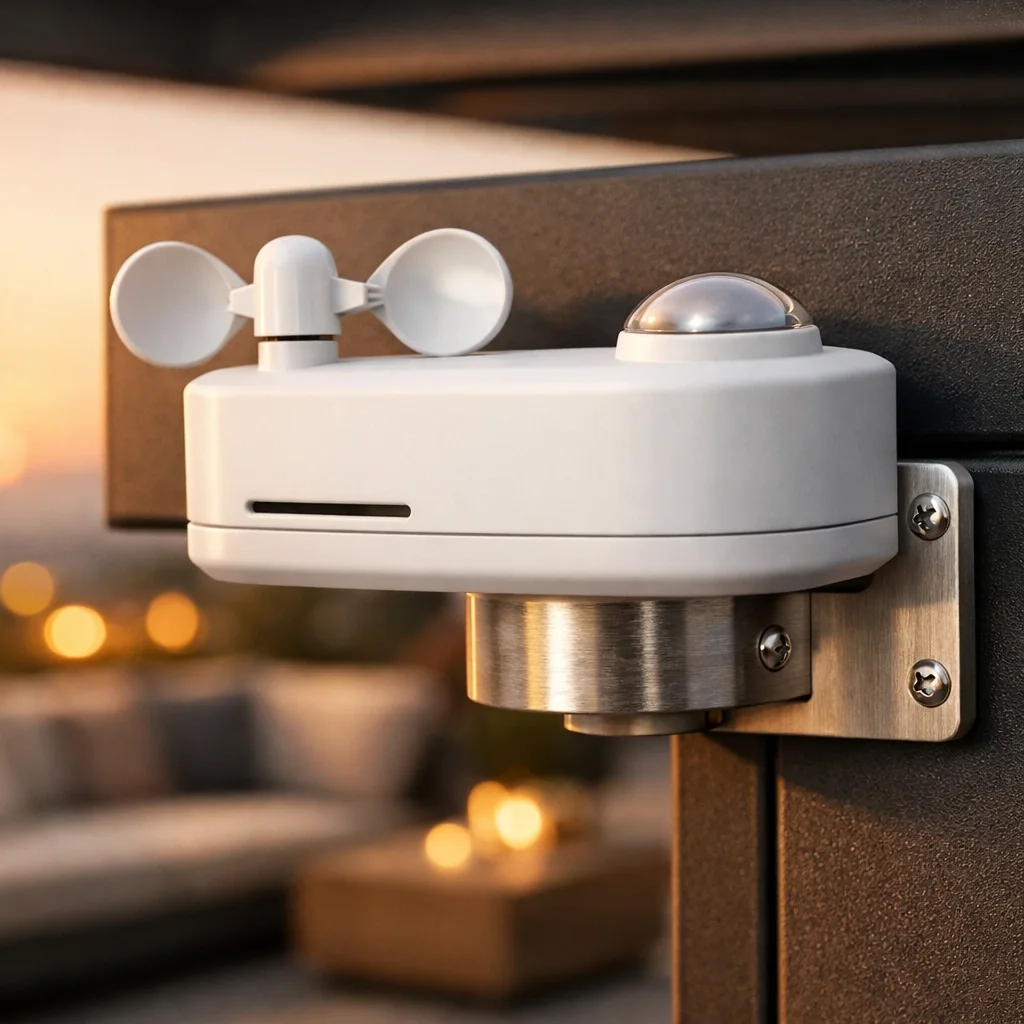 Moderner Wind- und Sonnensensor für die automatische Steuerung einer Markise nach Maß.