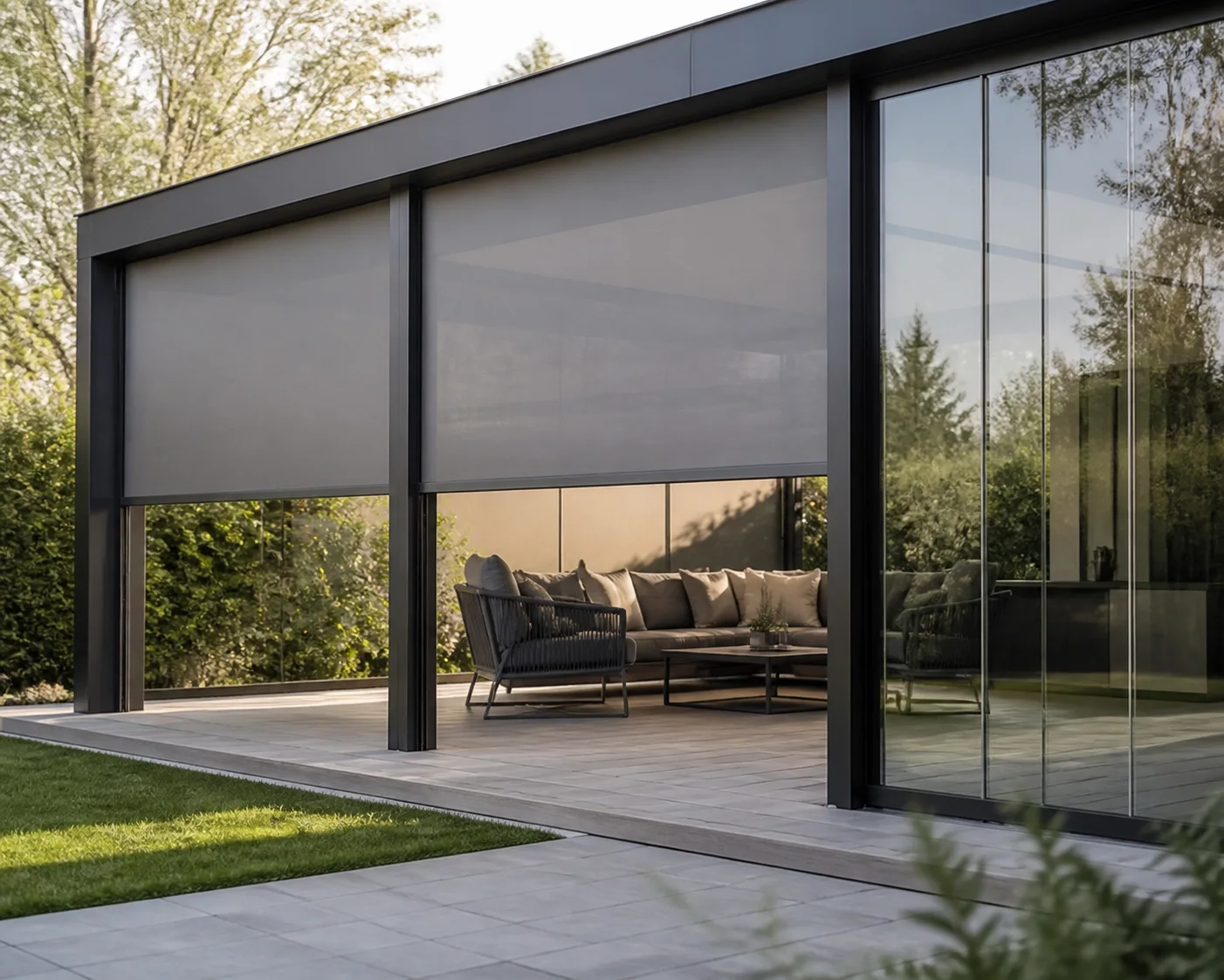Moderne Pergola Wien mit Senkrechtmarkise und Glasschiebewänden als effektiver Sichtschutz.