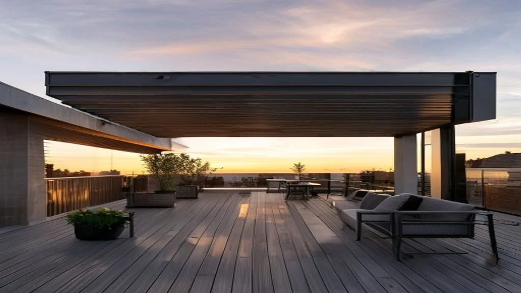 Ein luxuriöses, modernes Lamellendach in Anthrazit auf einer Wiener Dachterrasse, umgeben von minimalistischer Architektur und üppiger Bepflanzung, bei Sonnenuntergang.