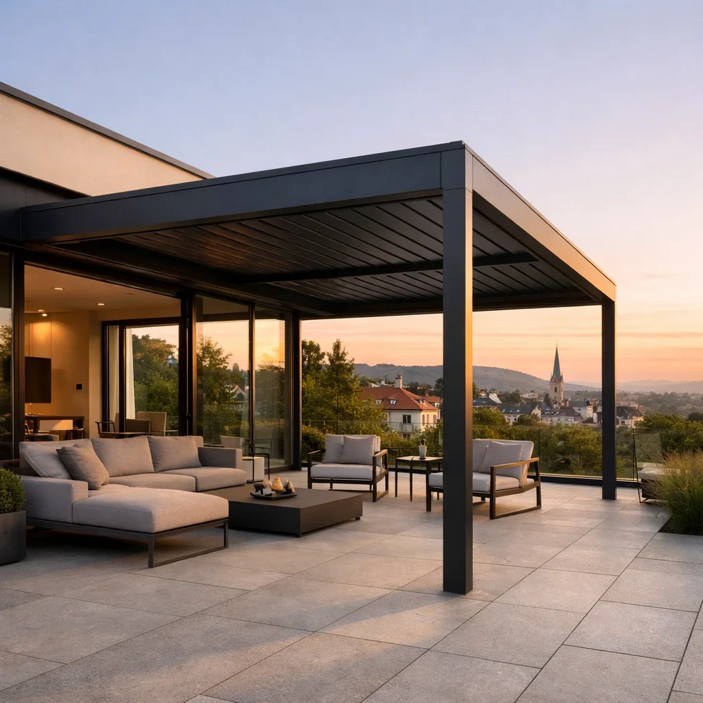 Moderne Terrassenüberdachung Wien aus Aluminium für eine exklusive Outdoor-Oase.