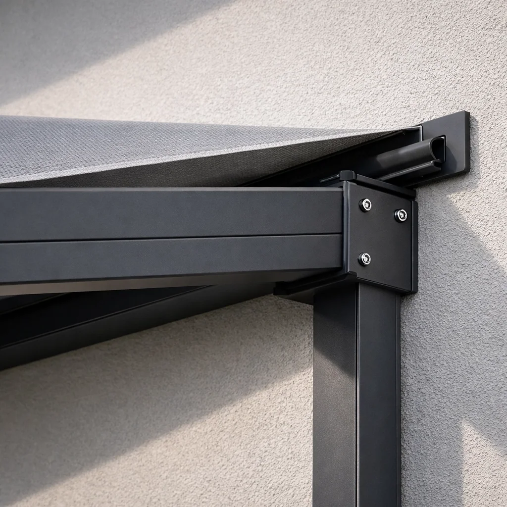 Detail der Wandmontage einer Faltdach Pergola mit Fokus auf die Anbindung und den Wasserablauf.