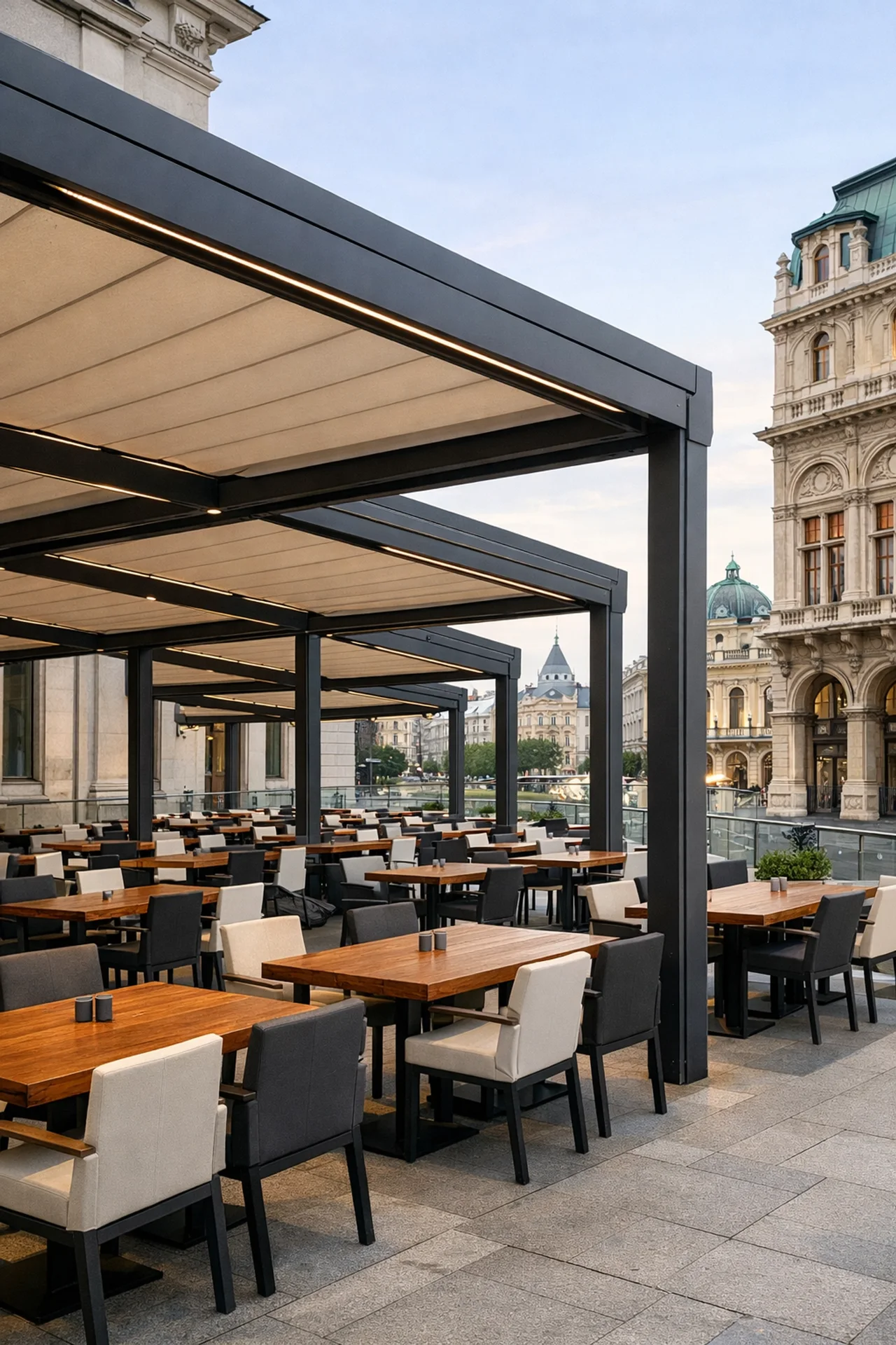 Großflächige Pergola Wien für moderne Gastronomie-Terrassen und Schanigärten.