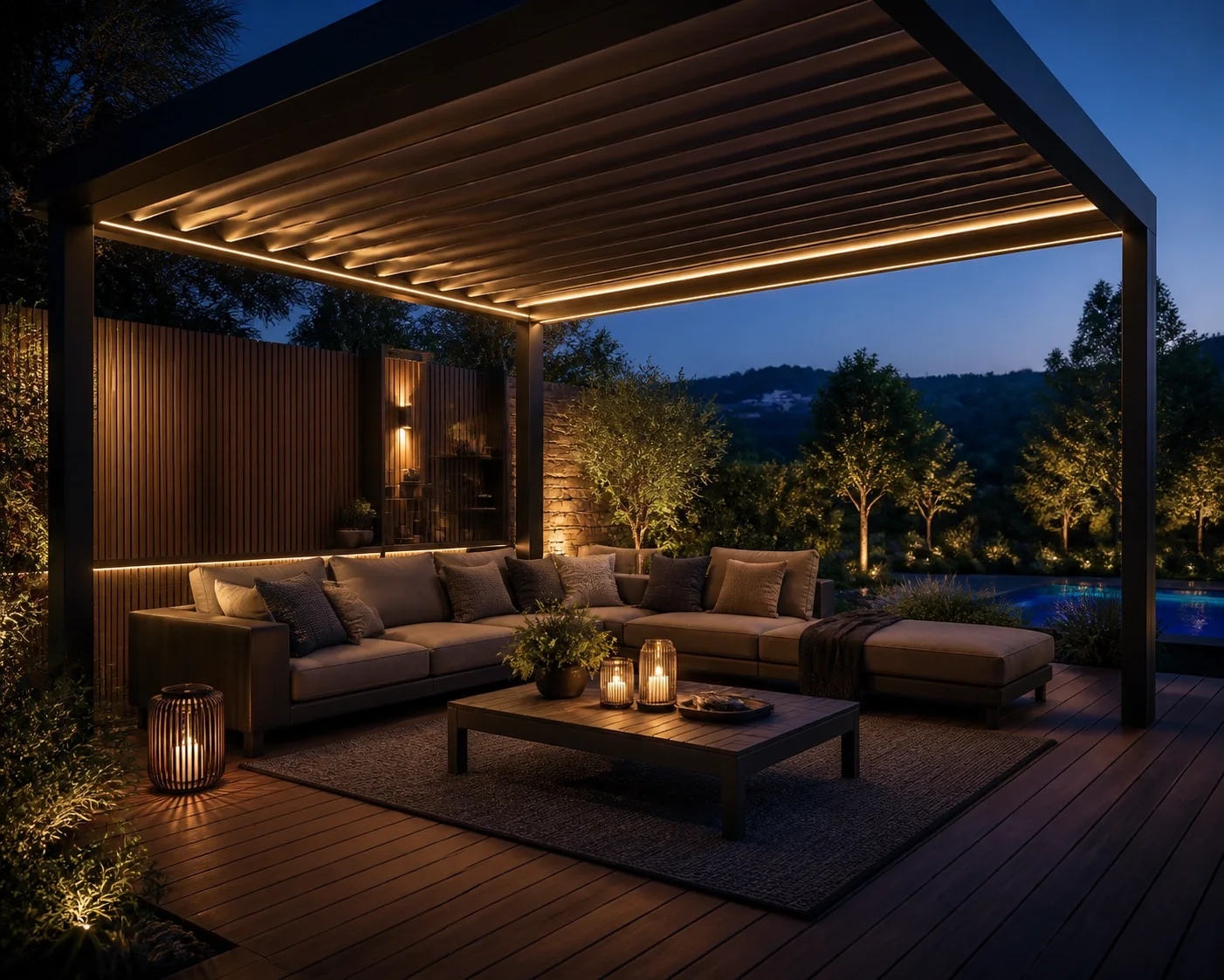 Beleuchtete Terrassenüberdachung Wien mit LED-Licht und Lounge-Bereich am Abend.