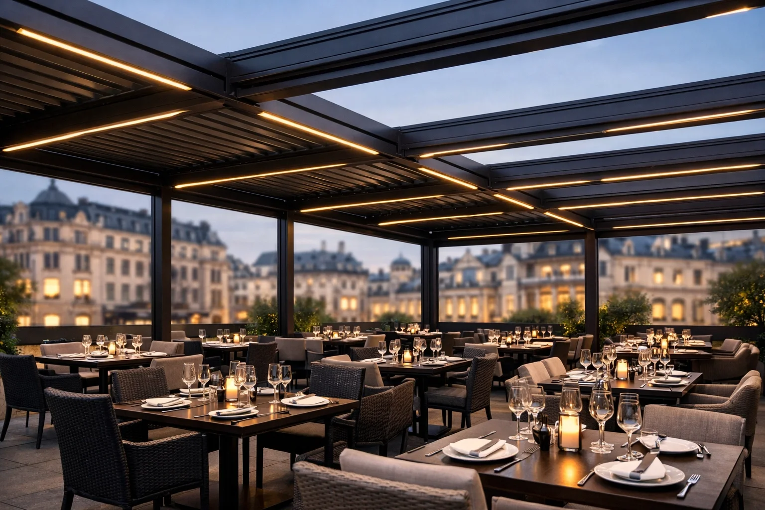 Modulare Pergola Wien für Gastronomie und Schanigärten mit stilvoller LED-Beleuchtung.