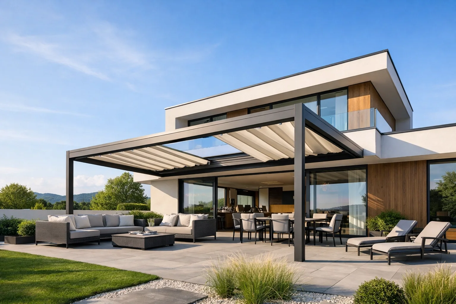 Installierte Faltdach-Terrassenüberdachung nach Maß an einem modernen Wohnhaus in Niederösterreich.