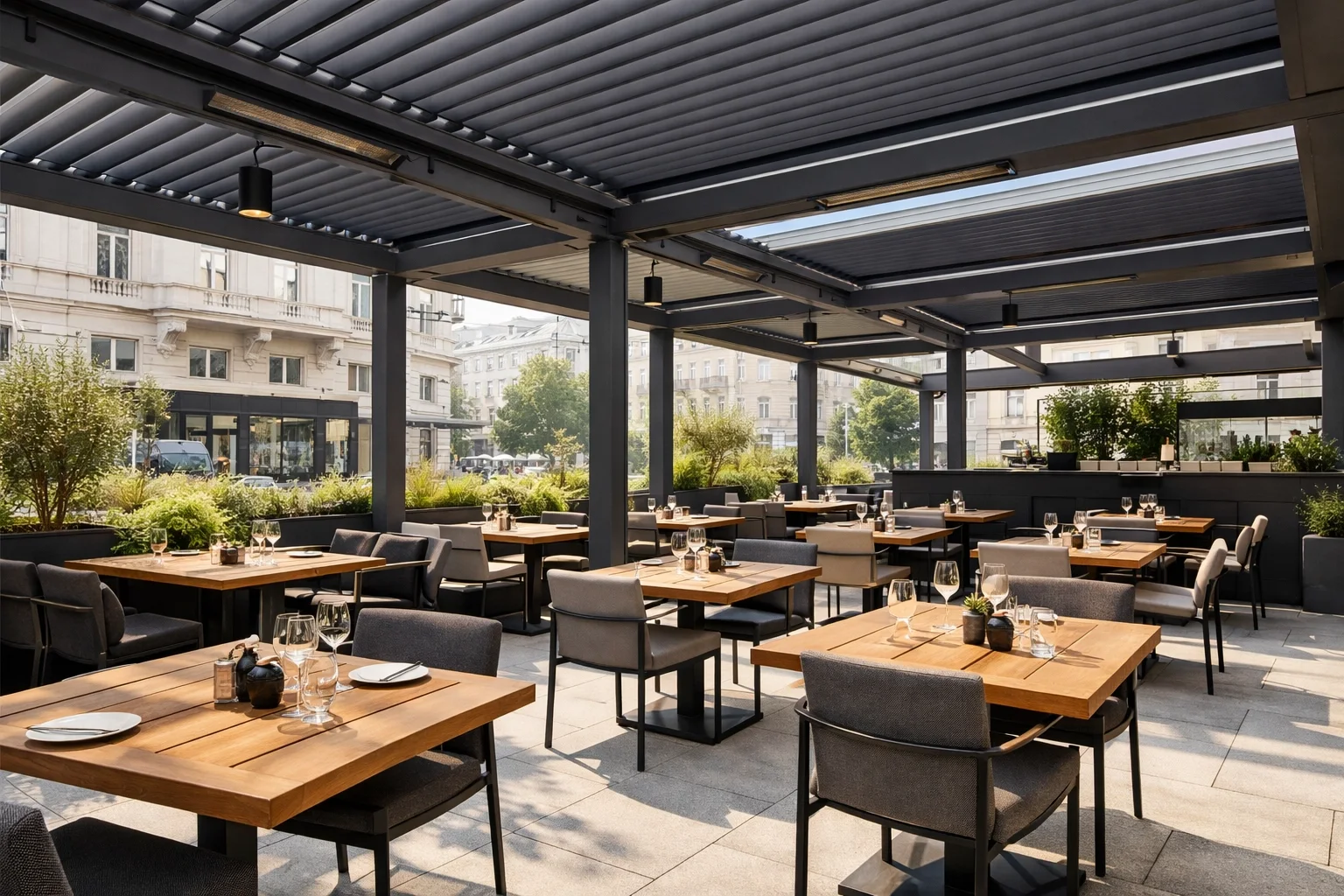 Wetterfeste Pergola für Gastronomie und Schanigärten in Wien zur Saisonverlängerung.