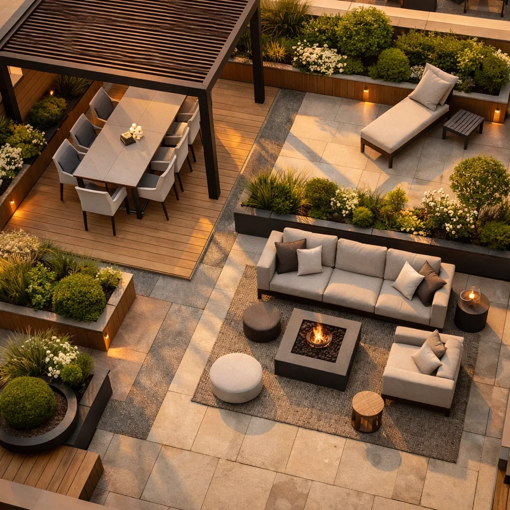 Terrassengestaltung Wien mit Essbereich und Lounge-Zone unter Pergola