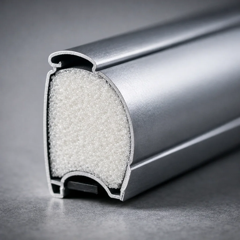 Nahaufnahme eines isolierten Aluminium-Rollladenprofils für optimalen Wärmeschutz in Wien.