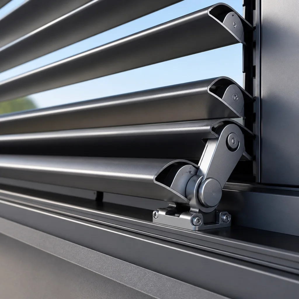 Detailaufnahme eines Lamellendachs mit verstellbaren Aluminiumlamellen