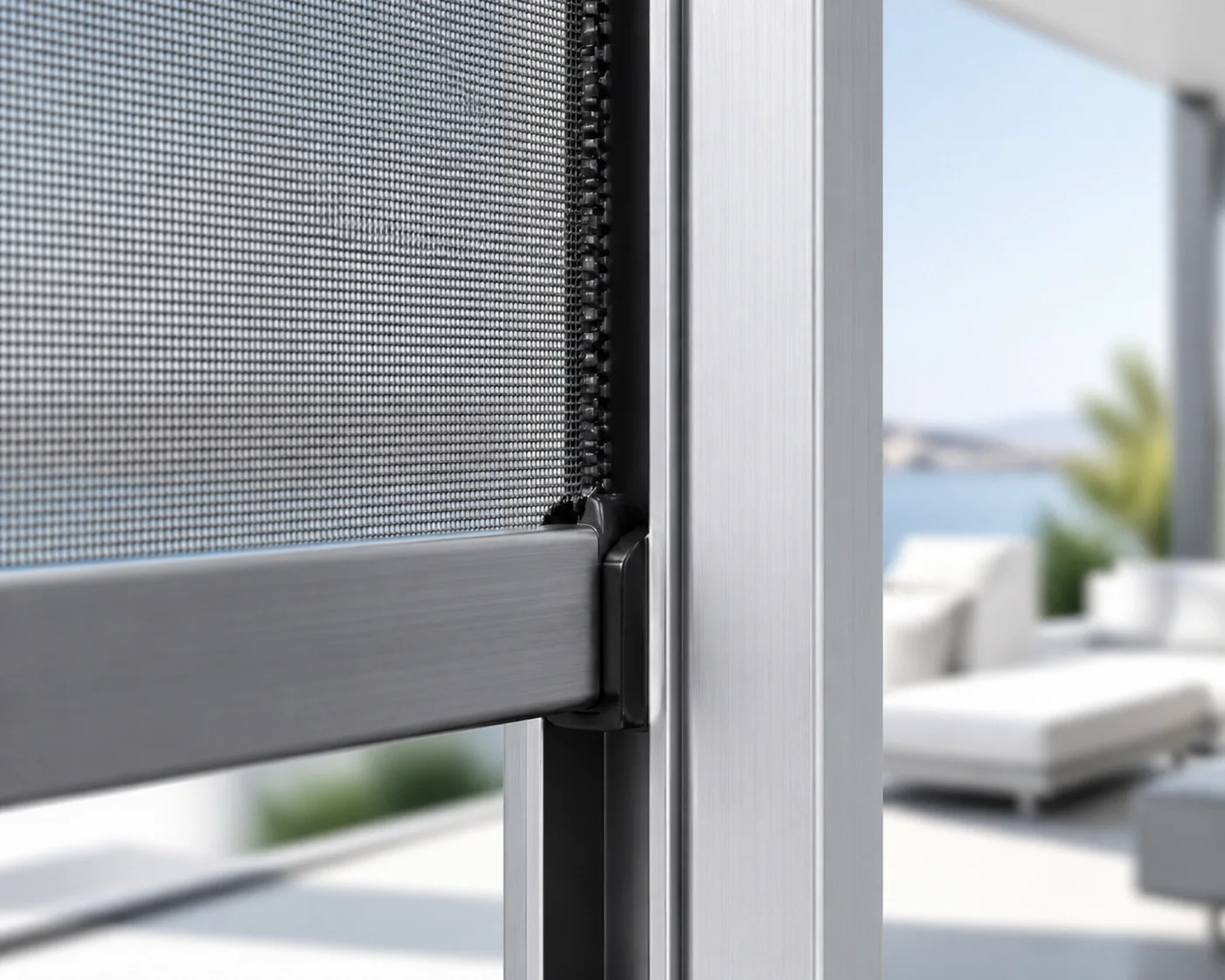 Detailaufnahme Zip Screen Wien: Windstabile Führungsschiene mit transparentem Sonnenschutz-Gewebe.