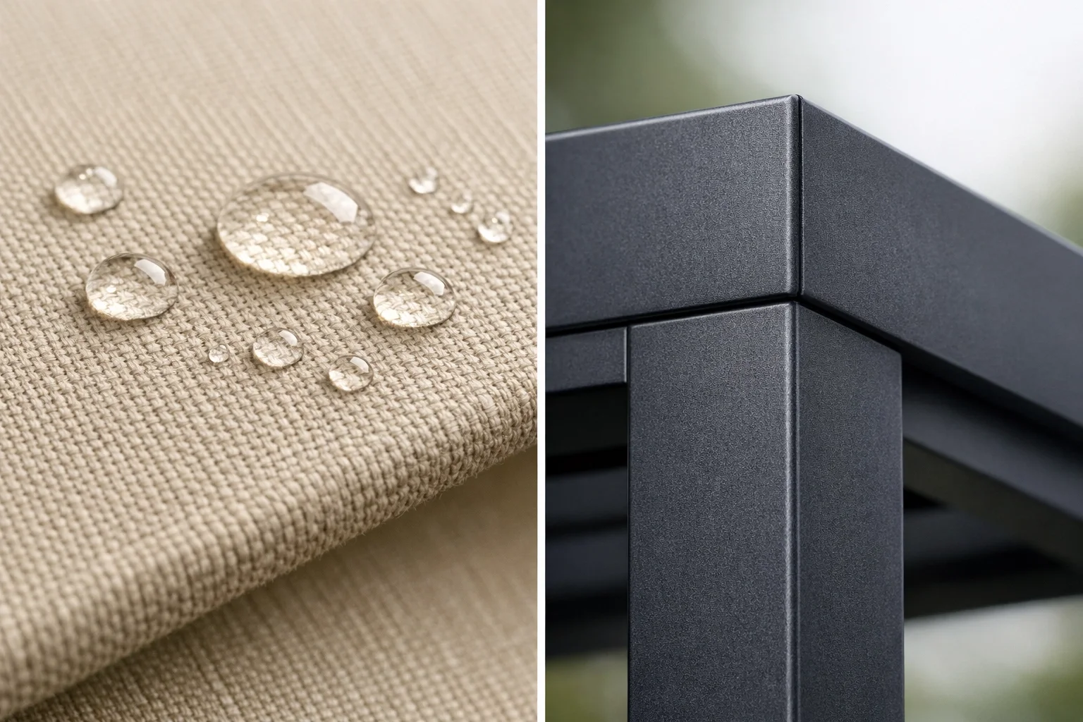 Detailansicht von robustem Markisenstoff und hochwertigem Aluminiumprofil für Pergolen.