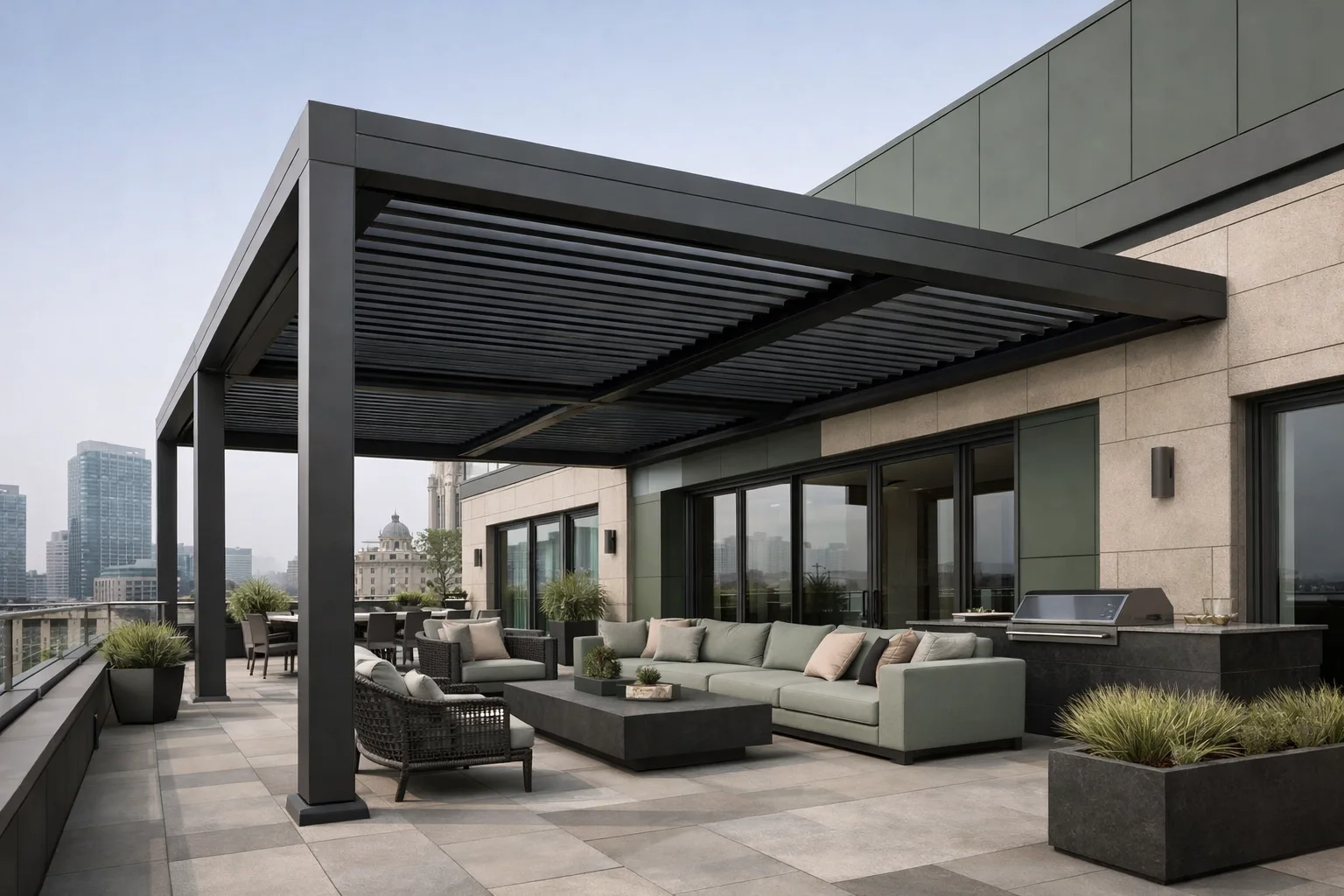 Fachgerecht montierte Pergola auf einer Wiener Penthouse-Terrasse mit moderner Architektur.