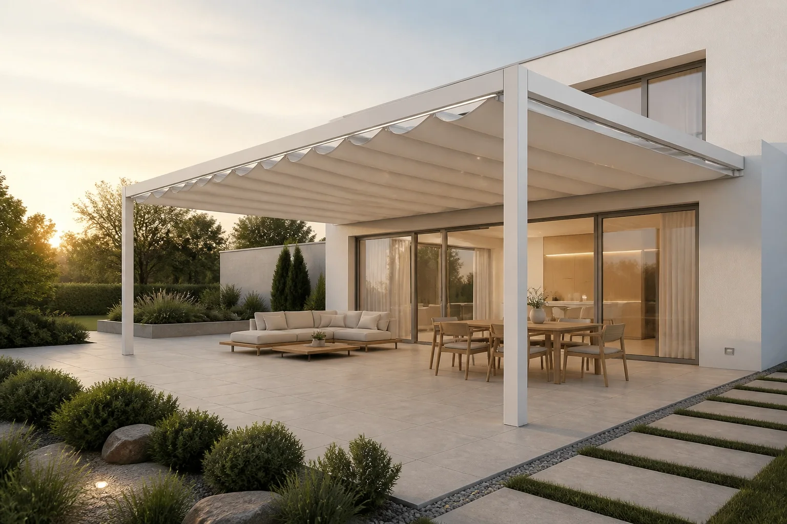 Elegante Pergola in Wien mit weißem Faltdach und mediterranem Flair für den Garten.