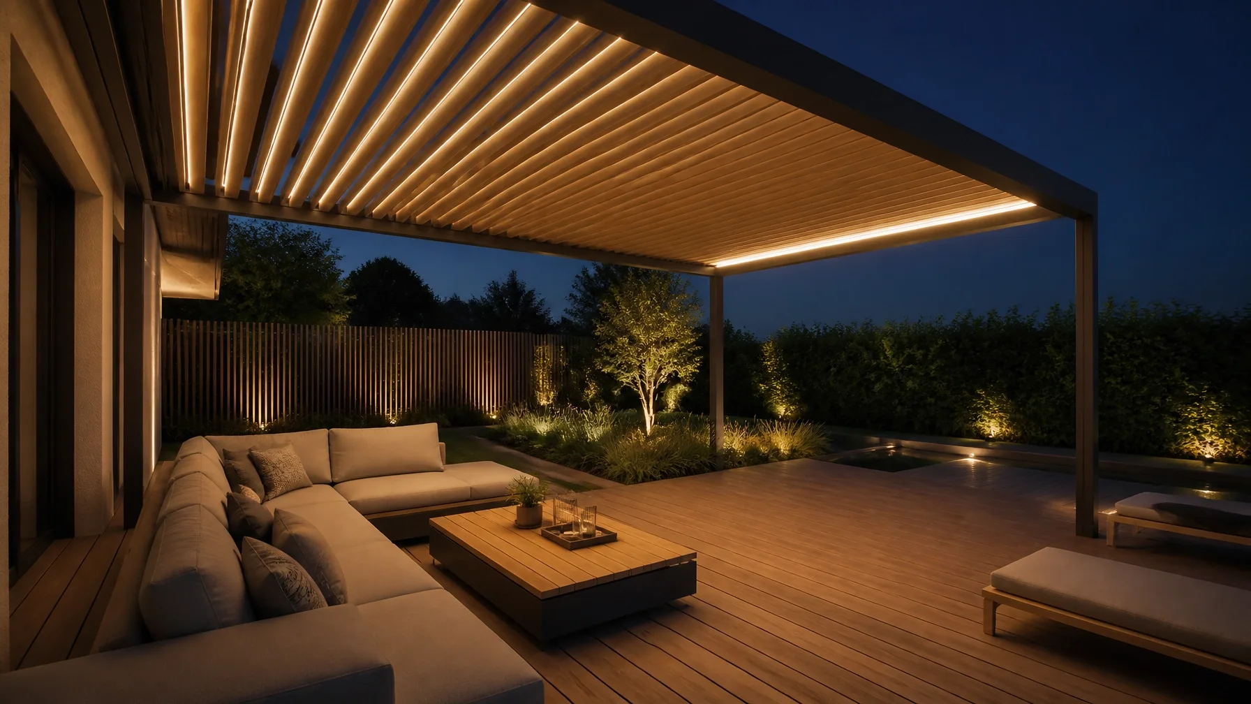 Abendliche Stimmung mit integrierter LED-Beleuchtung im Lamellendach