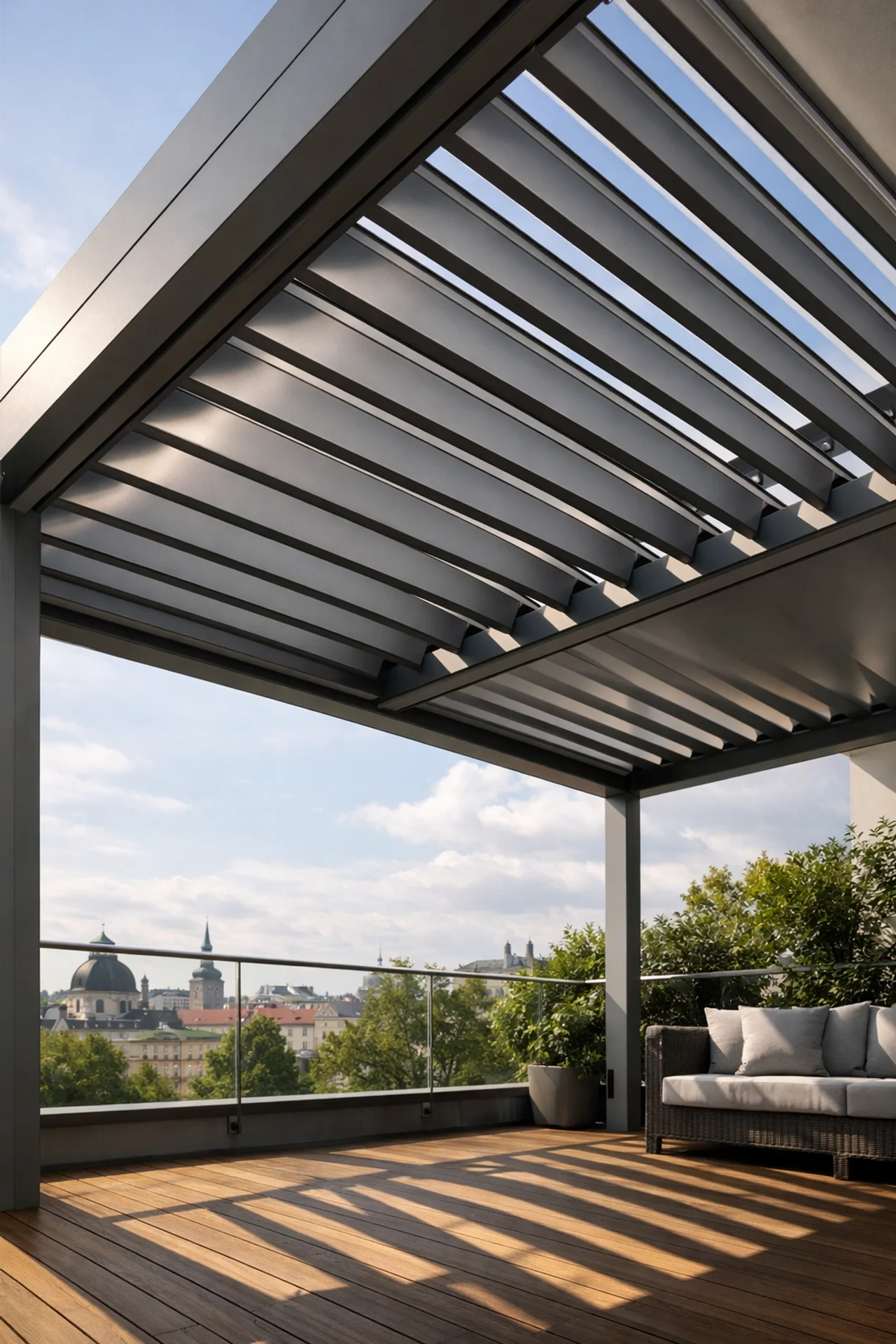 Modernes Lamellendach auf Wiener Terrasse mit verstellbaren Aluminium-Lamellen