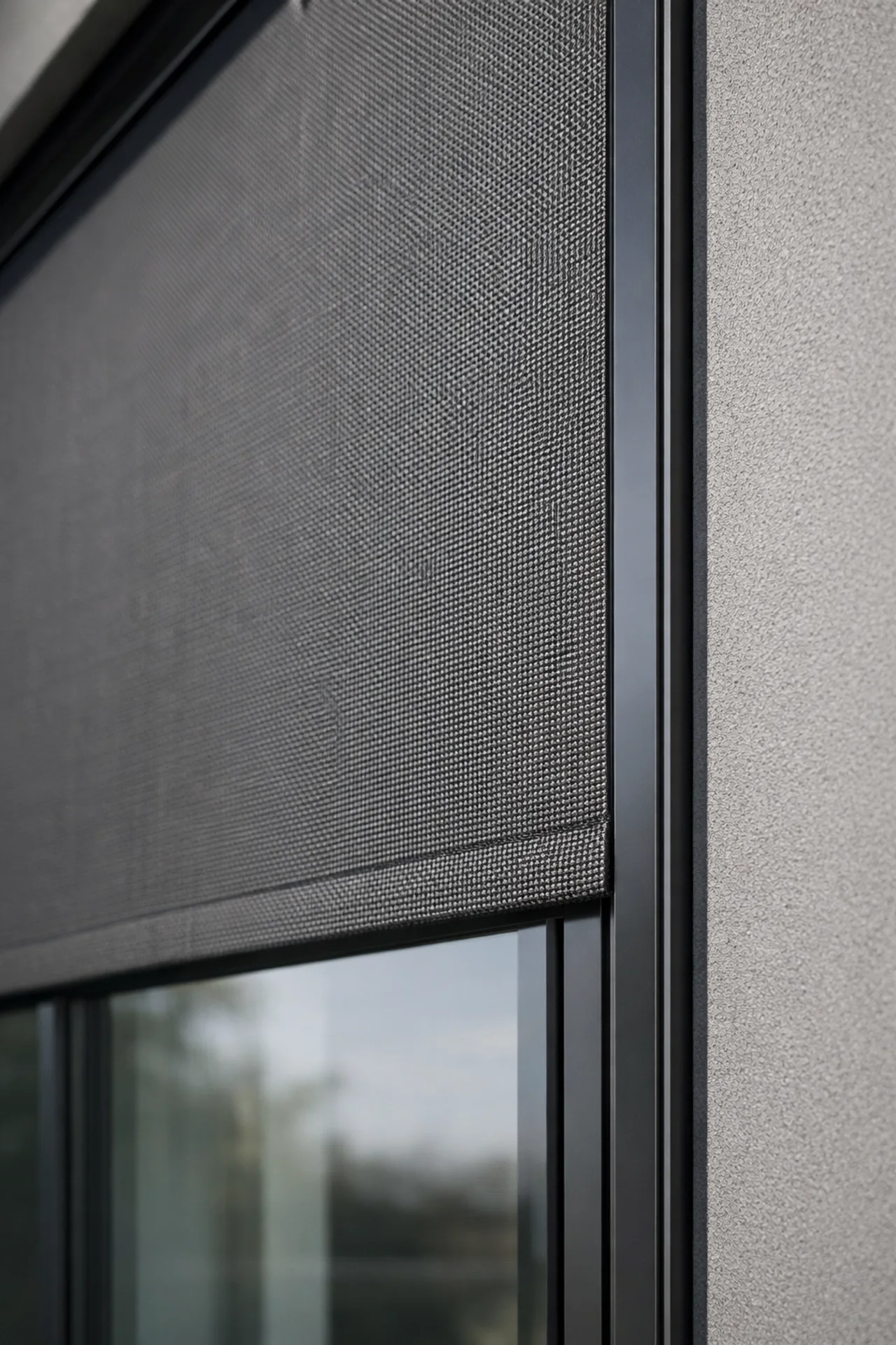Transparenter Zip Screen an einer Glasfront in Wien für Hitzeschutz und Insektenschutz.