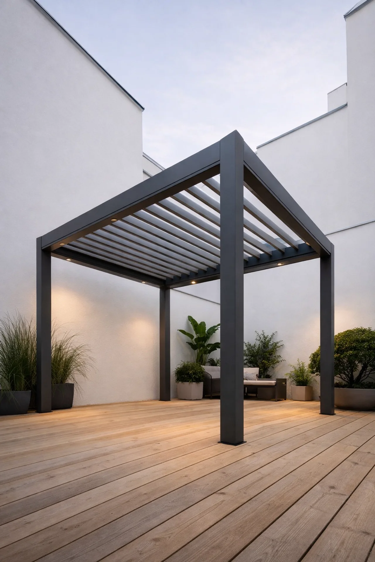 Freistehende Pergola in einem Wiener Innenhof als moderner Rückzugsort auf einem Holzdeck.