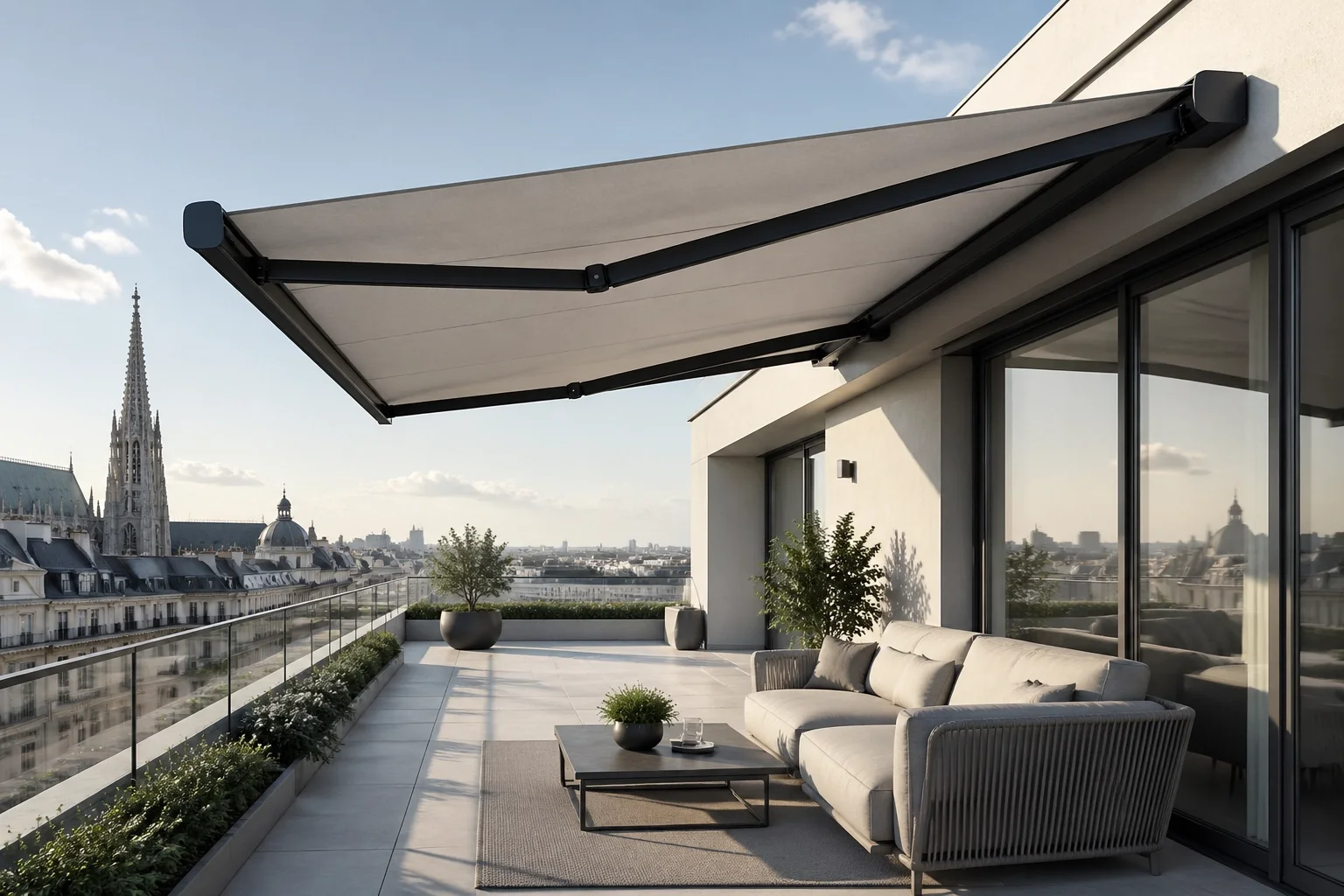 Maßgefertigte Gelenkarmmarkise auf einer modernen Penthouse-Terrasse in Wien.